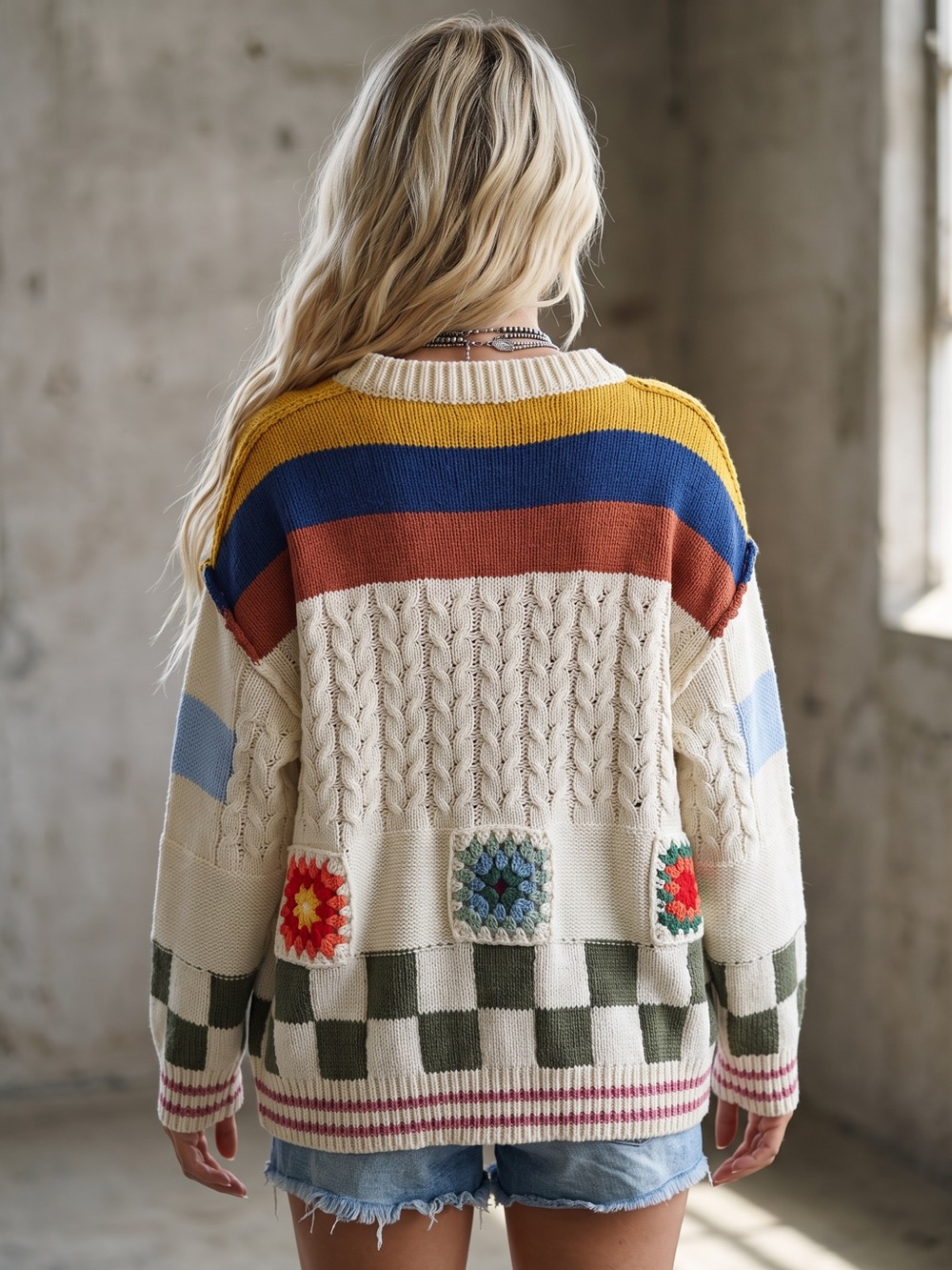 NWT POL Granny Tile Crochet Handmade Stripe Chenille Cardigan Sweater - Picture 9 of 16